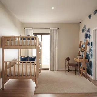 a bed room with a bed and a chair