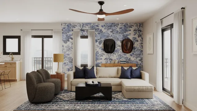 a living room with furniture and a fireplace