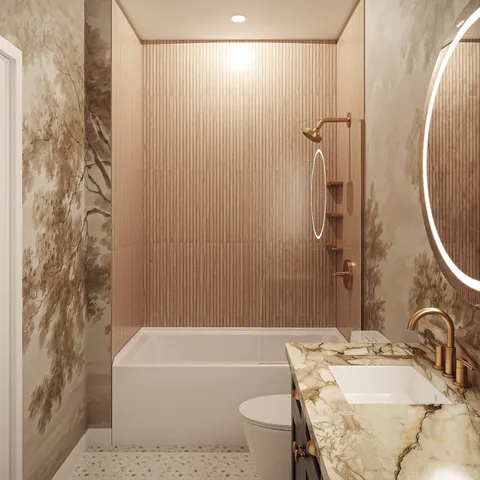 a bathroom with a granite countertop sink a toilet and shower