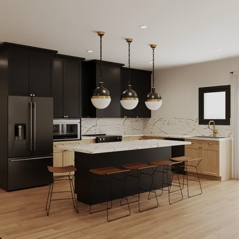 a kitchen with a table chairs stove and microwave