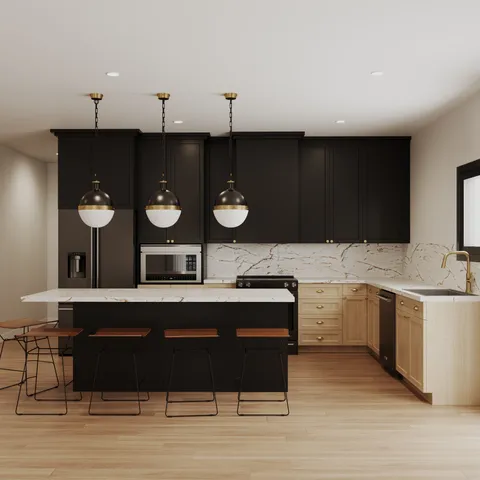 a kitchen with a sink cabinets and wooden floor