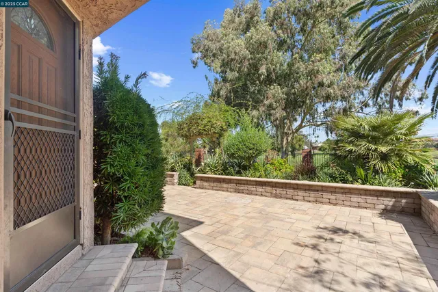 a view of a back yard from a balcony