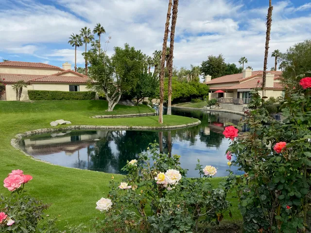 a view of a house with a big yard and potted plants