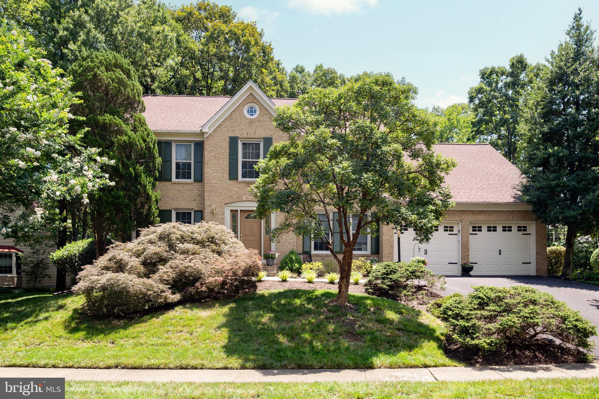 a view of a white house with a yard plants and large tree