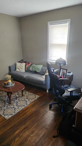 a living room with furniture a rug and a window