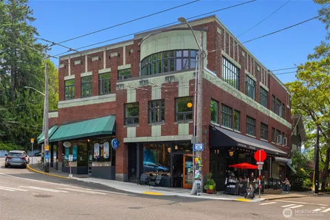 a view of a building and a street