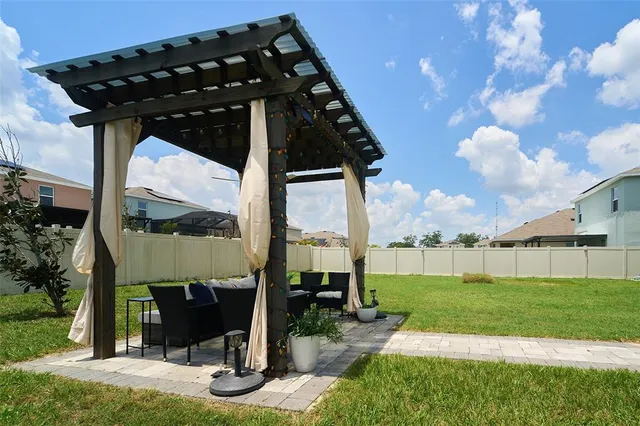 an aerial view of a house with a swimming pool