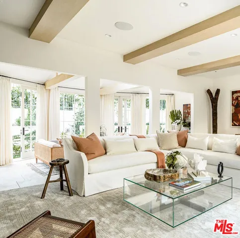 a living room with furniture a rug potted plant and a large window