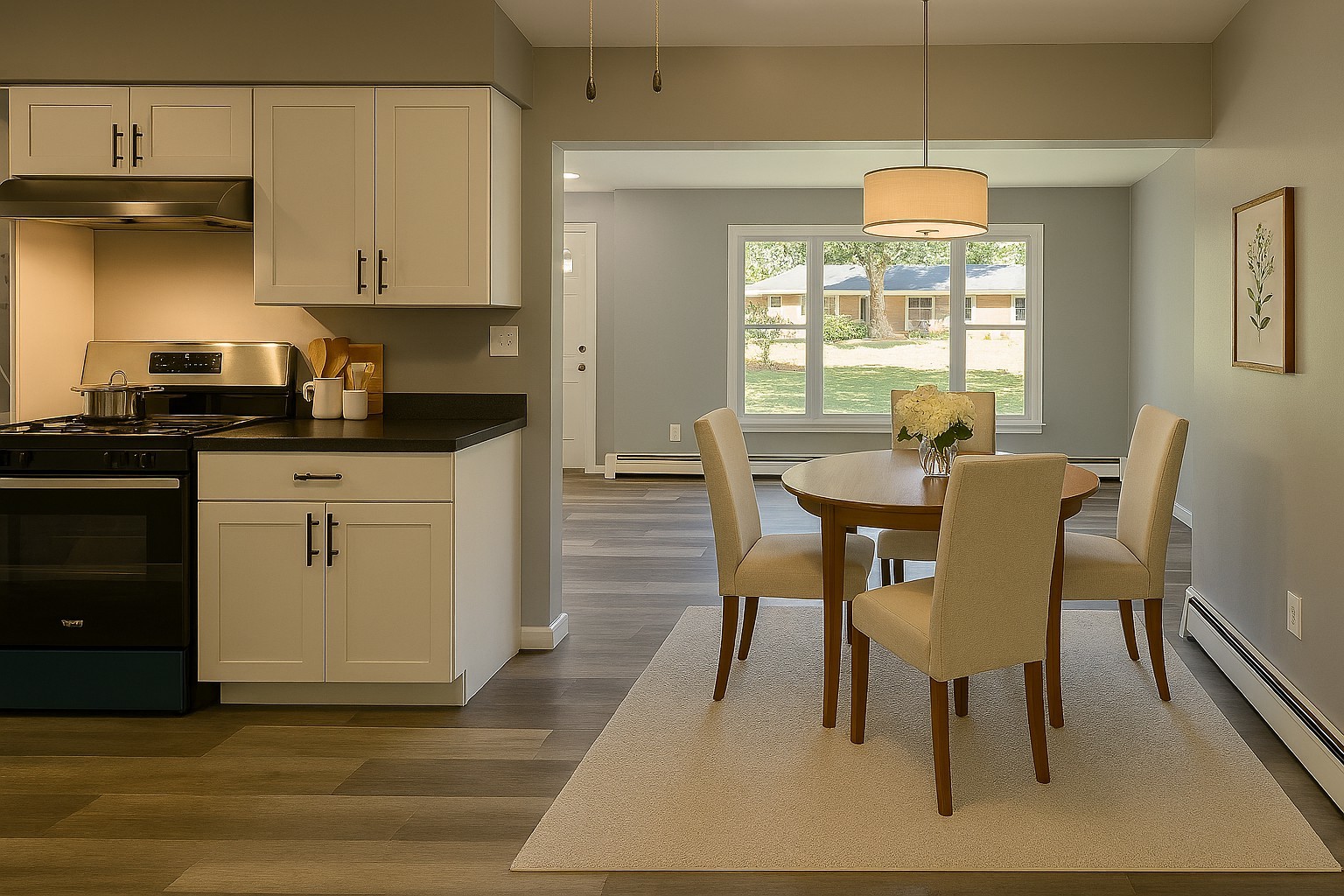 55 Cherry Drive Kankakee, IL 60901 - Photo 12 of 42 a kitchen with granite countertop a stove a sink a dining table and chairs with wooden floor