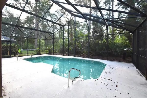 a view of a swimming pool with a patio and backyard