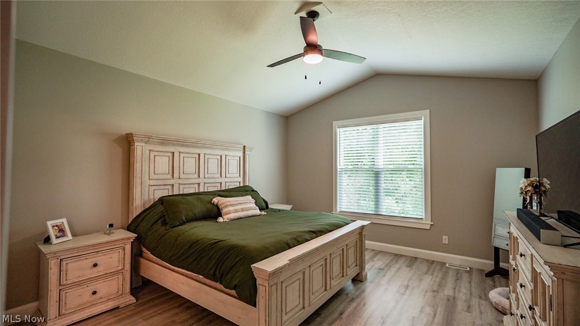 4211 Burgett Road Canfield, OH 44406 - Photo 9 of 17 Bedroom featuring lofted ceiling, ceiling fan, and light hardwood / wood-style flooring
