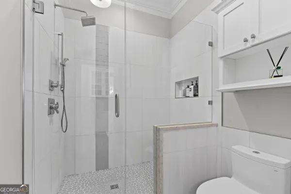 a bathroom with a shower and toilet