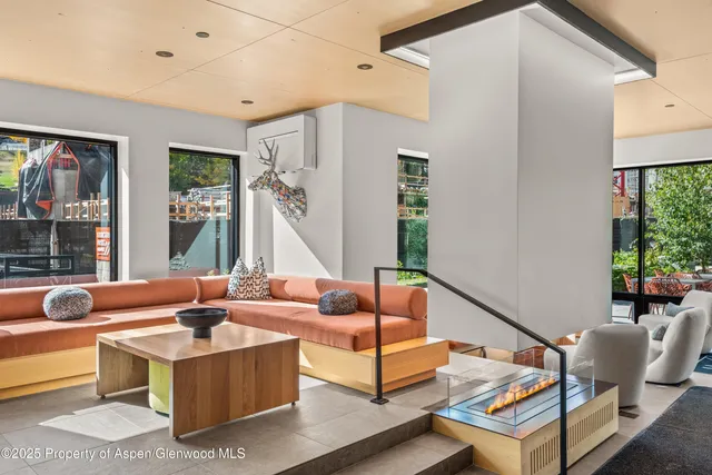 a living room with patio furniture and a potted plant