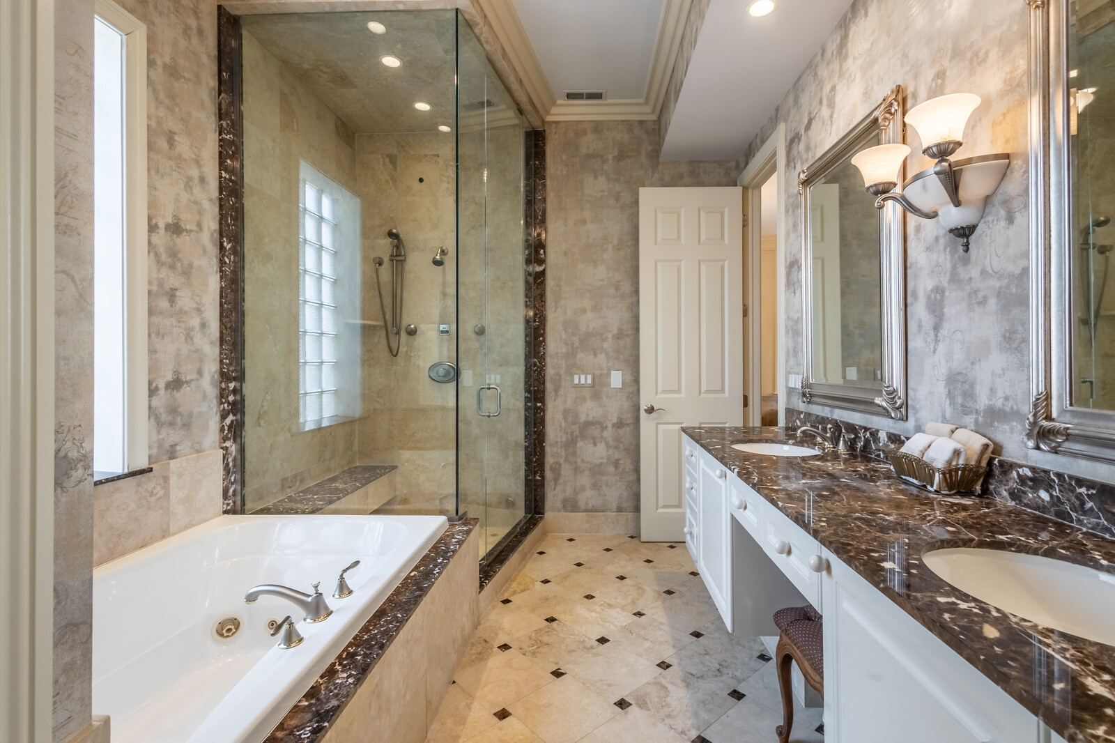 1423 West Lexington Street Chicago, IL 60607 - Photo 31 of 36 a bathroom with a granite countertop tub sink shower and a mirror