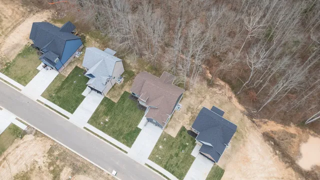 a aerial view of a house with a yard and large tree