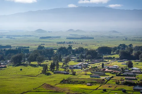 a view of a lake in middle of the town