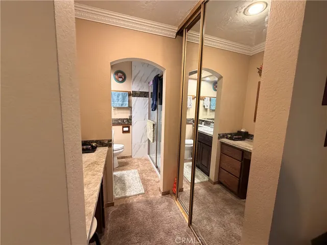 a bathroom with a granite countertop sink toilet and shower