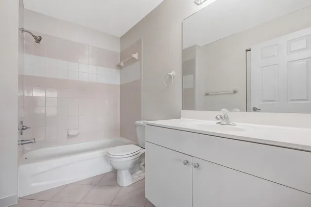 a bathroom with a toilet a sink a mirror a bathtub and vanity