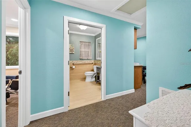 a bathroom with a sink mirror and toilet