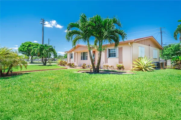 a view of a house with backyard and a tree