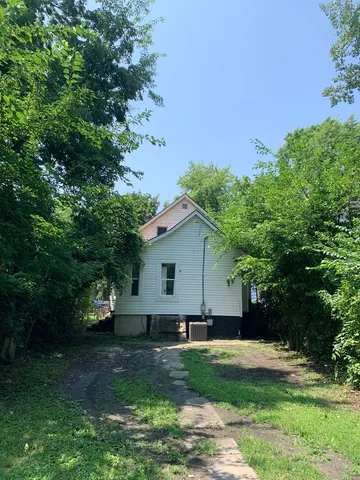 a view of a backyard with plants and large trees