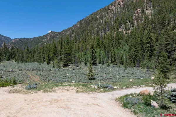a view of a road with a trees in the background