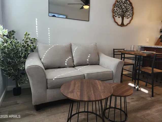 a living room with furniture and a potted plant