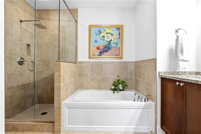 a bathroom with a bathtub and a shower