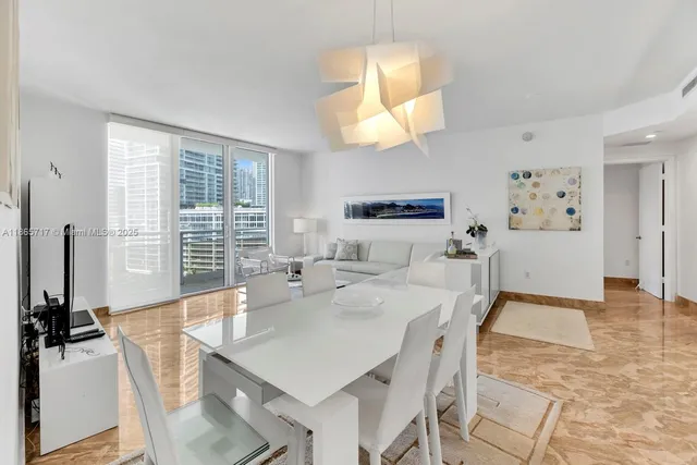 a view of a dining room with furniture window and outside view
