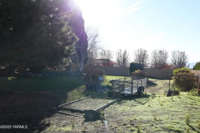 a view of a fire pit with large trees