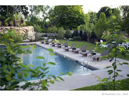 a view of swimming pool with lawn chairs and plants