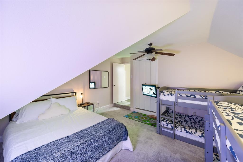 424 Windjammer Lane Azle, TX 76020 - Photo 17 of 37 Bedroom featuring carpet, vaulted ceiling, and ceiling fan