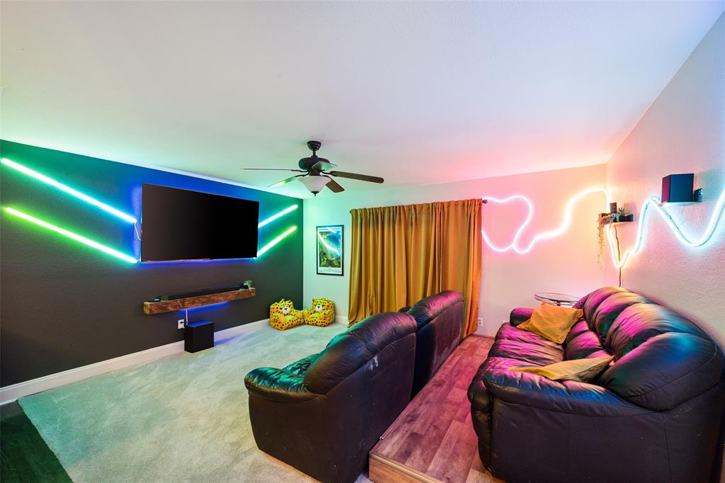 424 Windjammer Lane Azle, TX 76020 - Photo 24 of 37 Carpeted home theater with a ceiling fan and baseboards