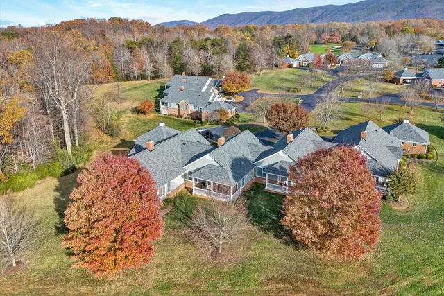 an aerial view of a house with a mountain