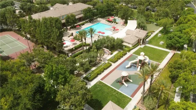 an aerial view of building and yard