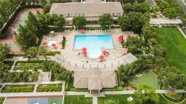 an aerial view of building and yard
