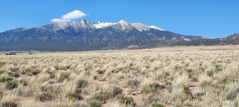 a view of a dry yard and mountain view