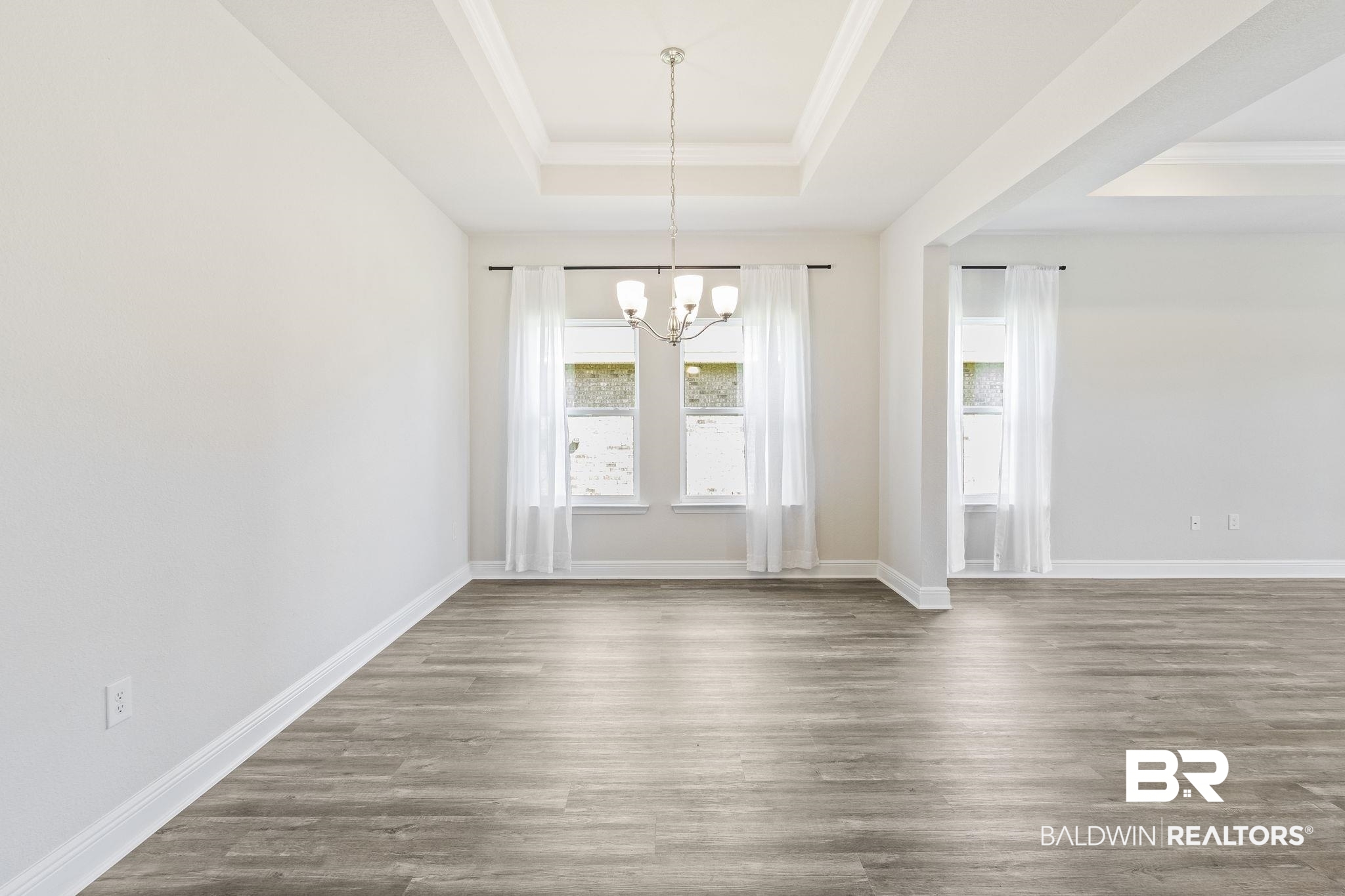 11303 Genuine Risk Circle Daphne, AL 36526 - Photo 19 of 100 Unfurnished dining area featuring a notable chandelier, a raised ceiling, ornamental molding, and wood-type flooring