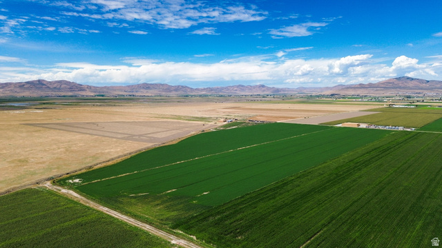 7220 West Cropley Road Tremonton, UT 84337 - Photo 20 of 23 Expansive agricultural land featuring cultivated green fields and dry fields, with distant mountains under a blue sky