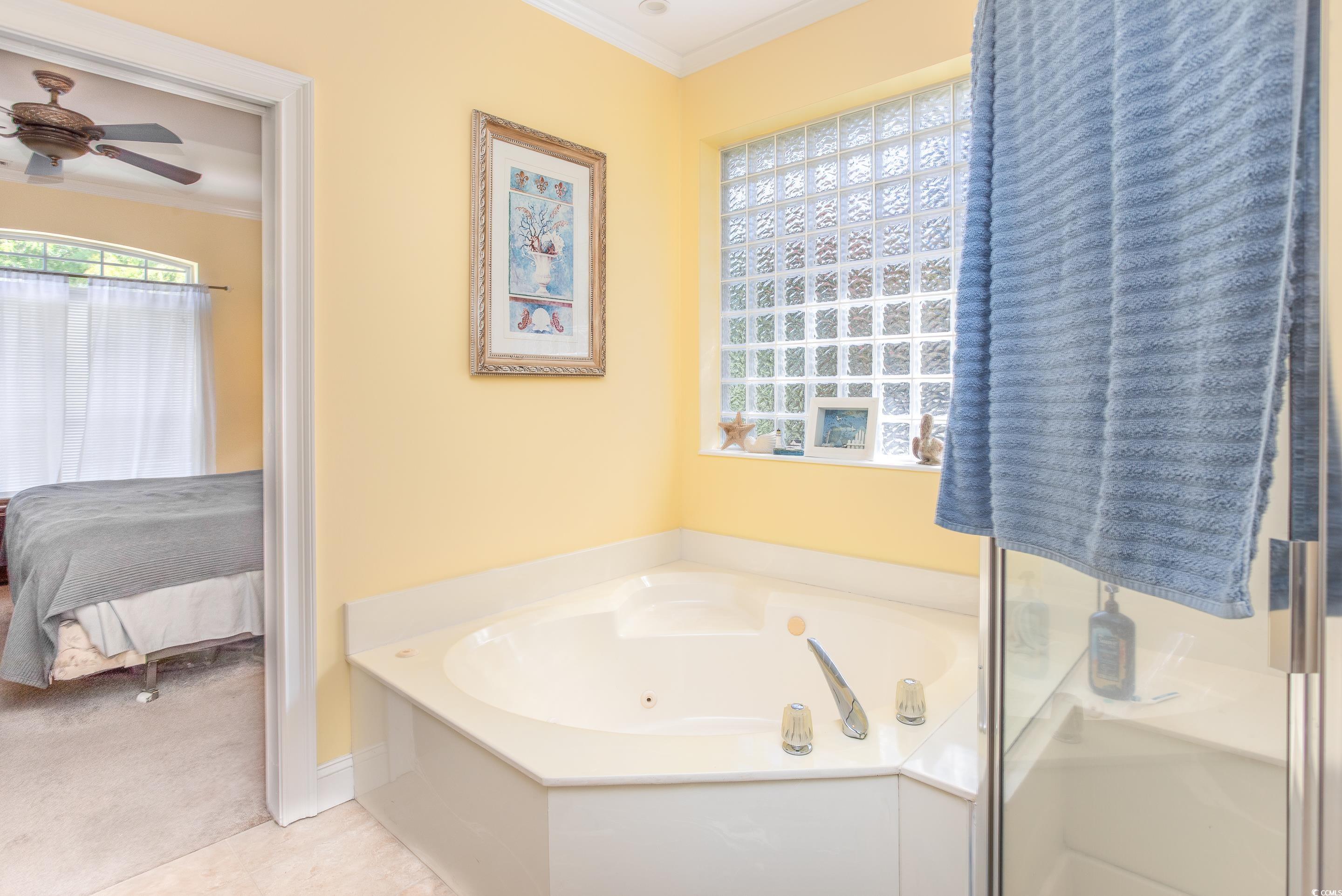 4907 Woodview Lane Myrtle Beach, SC 29575 - Photo 16 of 30 Ensuite bathroom with ornamental molding, plenty of natural light, a whirlpool tub, ceiling fan, and a shower stall