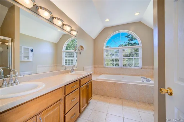 a bathroom with a tub a sink and a large mirror