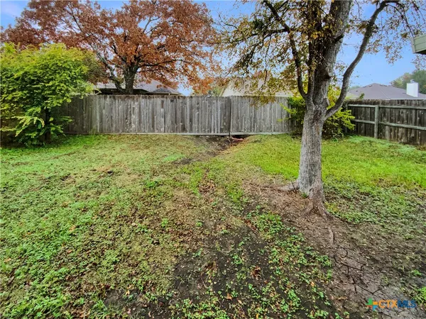 a view of a backyard with large trees and wooden fence