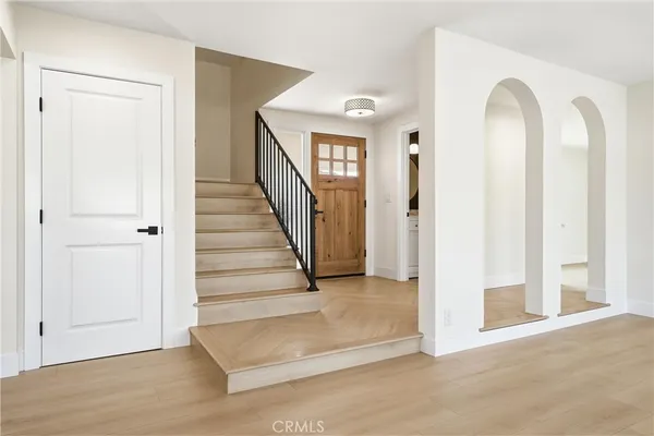 an entryway space view with wooden floor and staircase