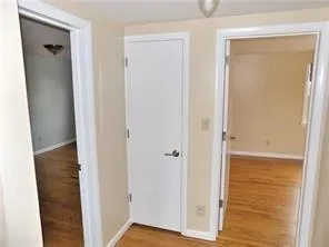 a view of a bathroom with wooden floor