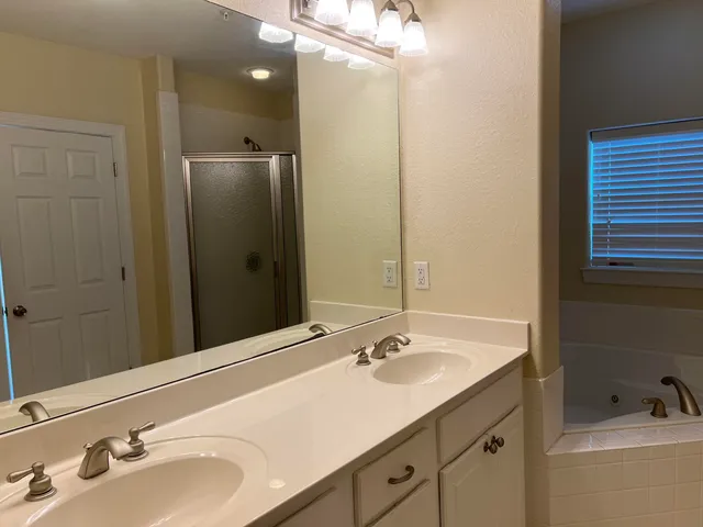 a bathroom with a sink double vanity and a mirror
