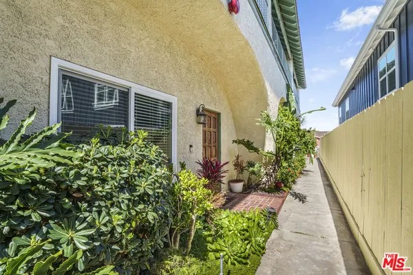 a view of a pathway that has potted plants