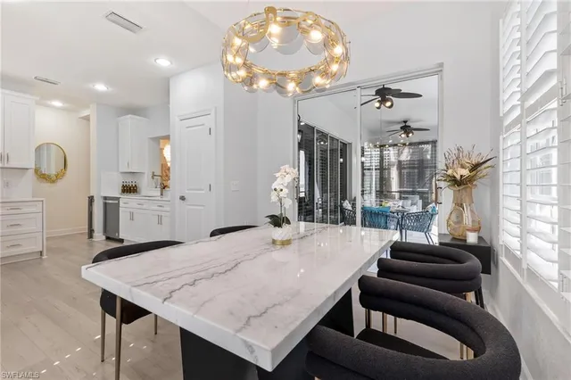 a kitchen with a table chairs and a dining table