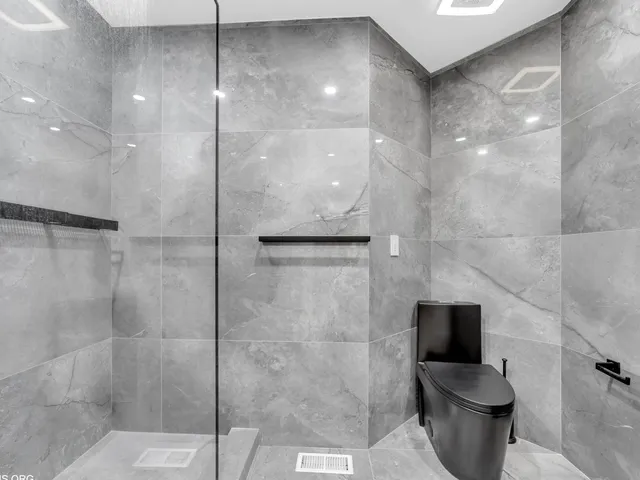 a bathroom with a shower and a toilet