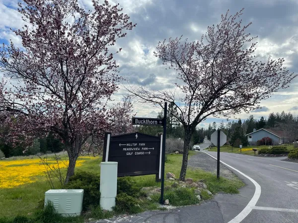a sign board with tall trees