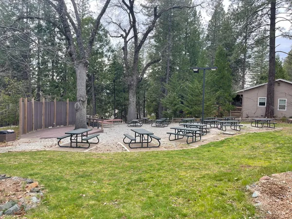 a view of a chairs and table in the backyard